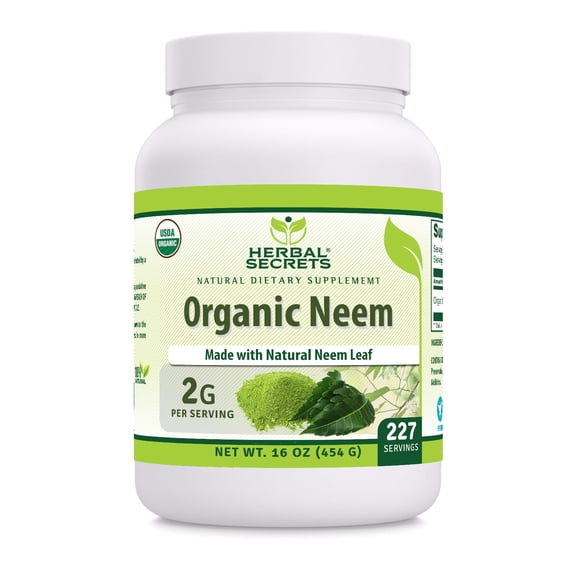 Herbal Secrets USDA Certified Organic Neem Powder 16 Oz (454 G) Supplement | Azadirachta indica (leaf) | 227 Serving | 2G Per Serving | Non-GMO | Gluten Free