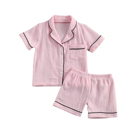 

Multitrust Children’s Two-pieces Sleepwear Suit Short Sleeve Single Breasted Shirt Tops with Front Pocket and Elastic Short Pants