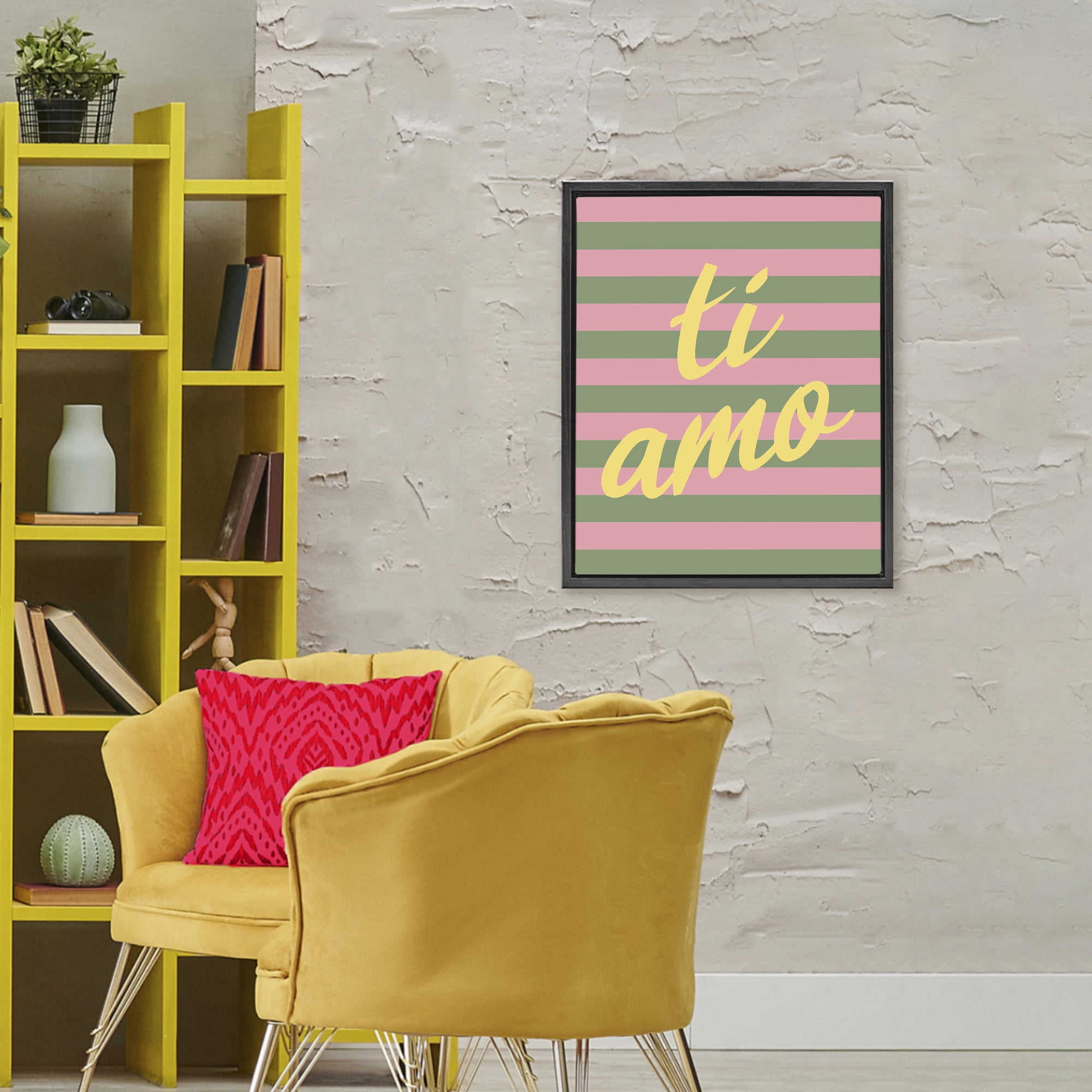 Stupell Industries Ti Amo Pink Green Stripes Black Framed Floater Canvas Wall Art, design by SD Graphics Studio