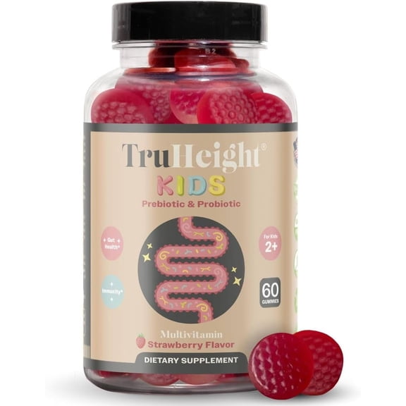 TruHeight Kids Prebiotic & Probiotic Gummies Ages 2 (Strawberry Flavor) Toddlers & Kids All Natural Supplement for Digestive Health, Gut & Constipation Relief - Endorsed by Pediatricians Vitamins