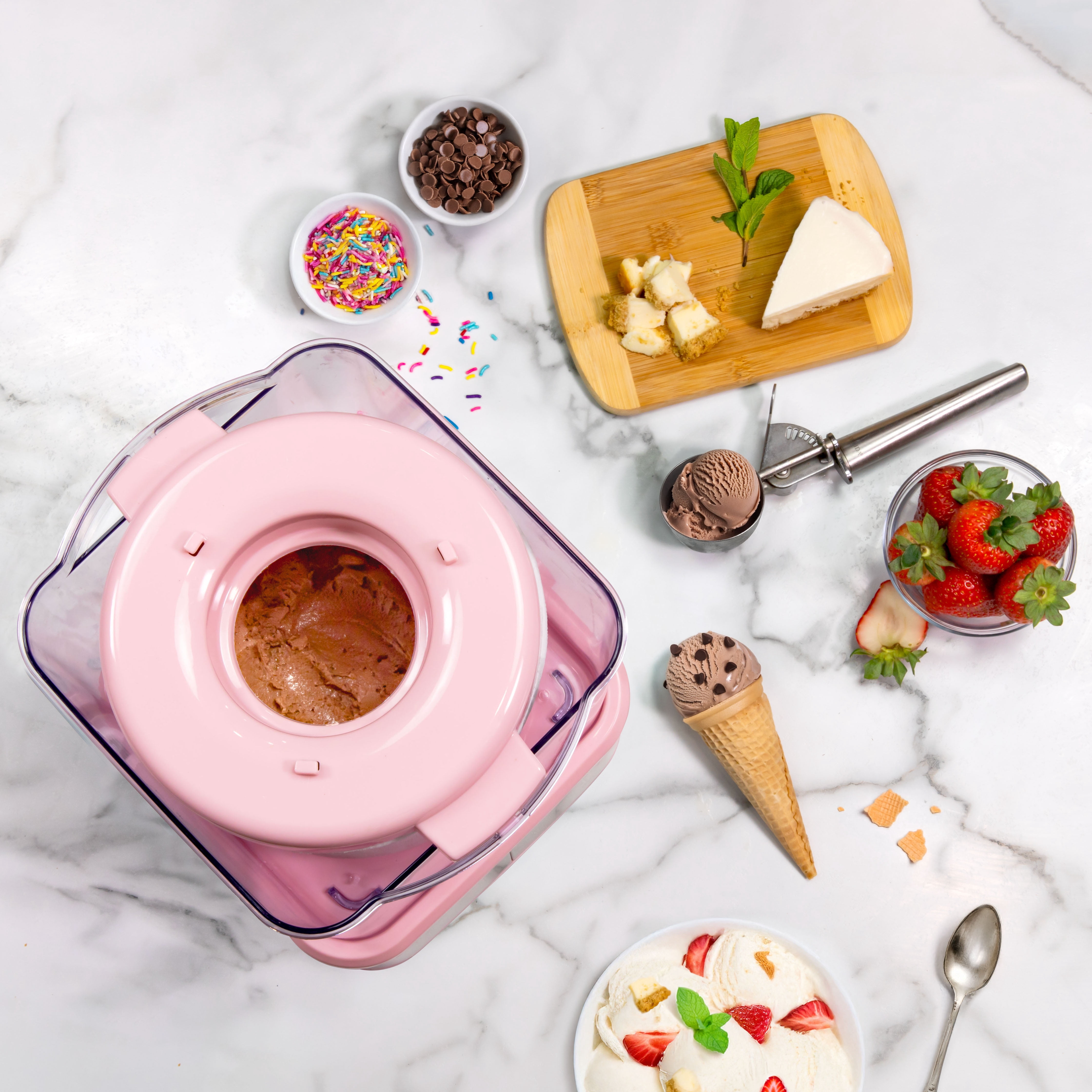 Nostalgia Electric Ice Cream Maker with 2-Qt Double Insulated Gel Canister & Stainless Steel Base - Makes Sorbet, Soft Serve, and Frozen Yogurt - Pink