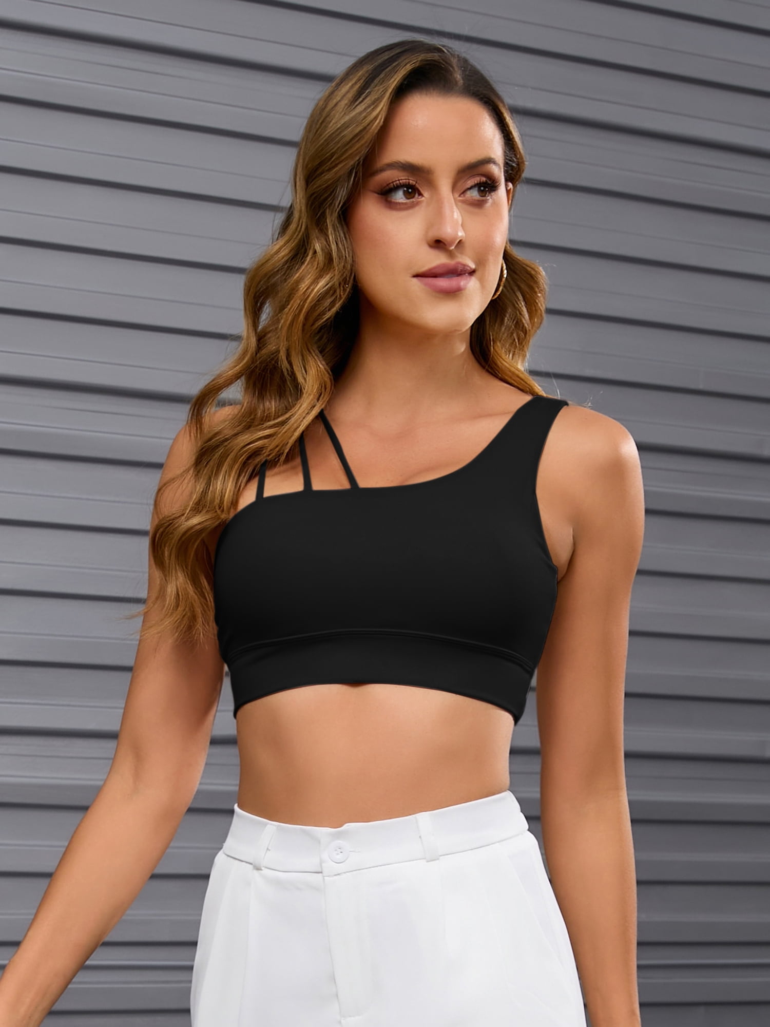 DARING DIVA Women's Three Spaghetti Thin Straps Sports Bra Fitness Tank Top Black M