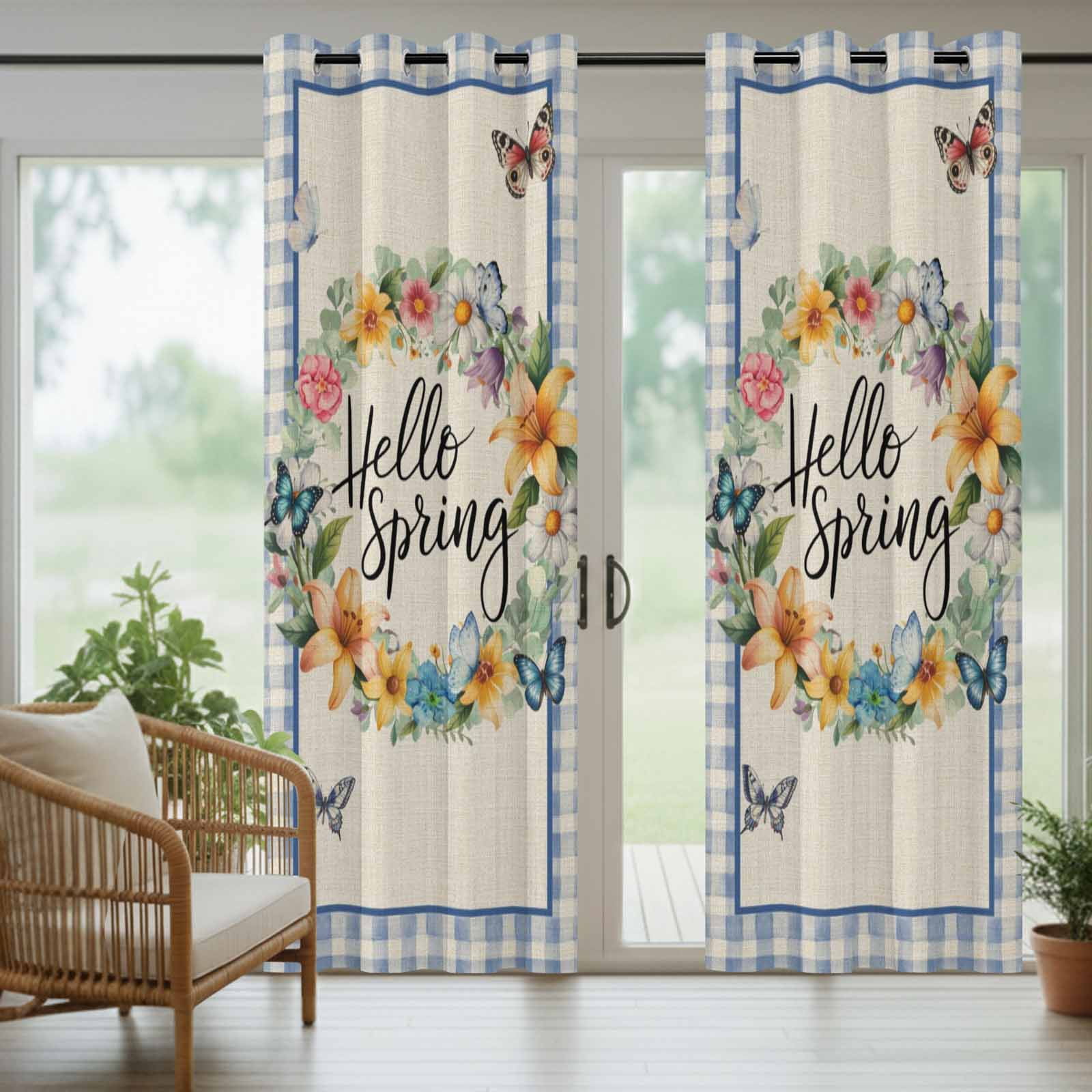 Outdoor Curtains for Patio Waterproof, Hello Spring Windproof Pravicy Outside Porch Blackout Curtain, Farmhouse Floral Eucalyptus Wood Plaid Burlap Sun Blocking Grommets Curtains for Cabana 54"x108"