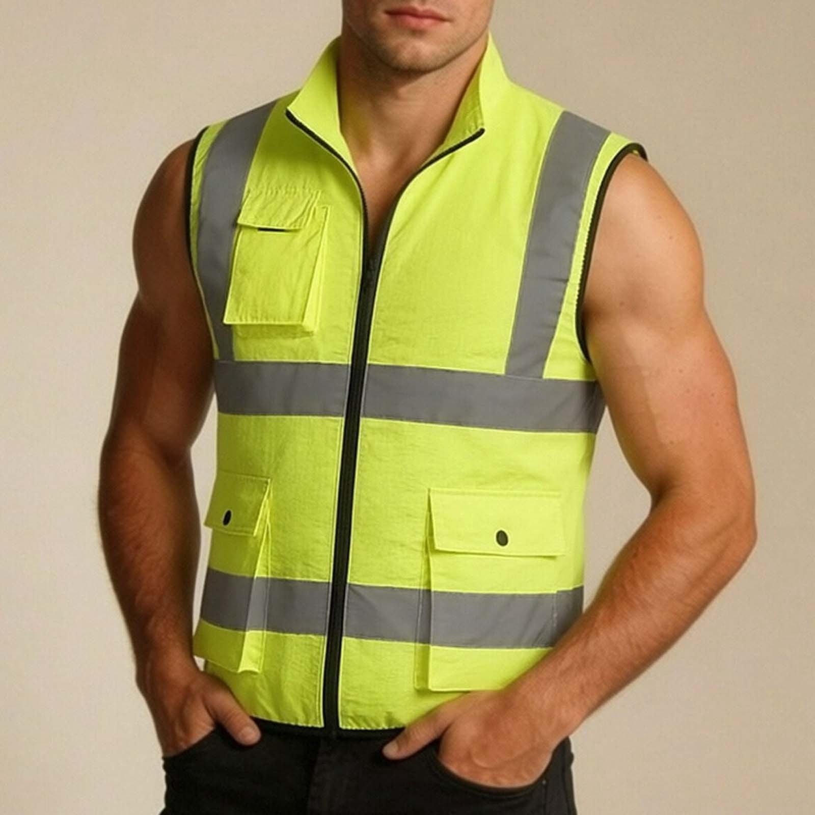 SZJXBUY Mens Reflective Running Vest High Visibility Multi Pocketsing Safety Vests Air Conditioned Wearable Fan Multi Pockets Construction Jackets Yellow,S