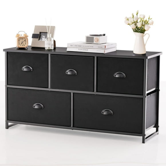 YKITRDA 5 Drawer Dresser TV Stand, Fabric Storage Chest with Metal Frame, Wide Top Holds TV up to 50 Inch, Clothes Organizer for Bedroom Living Room Entryway, Black