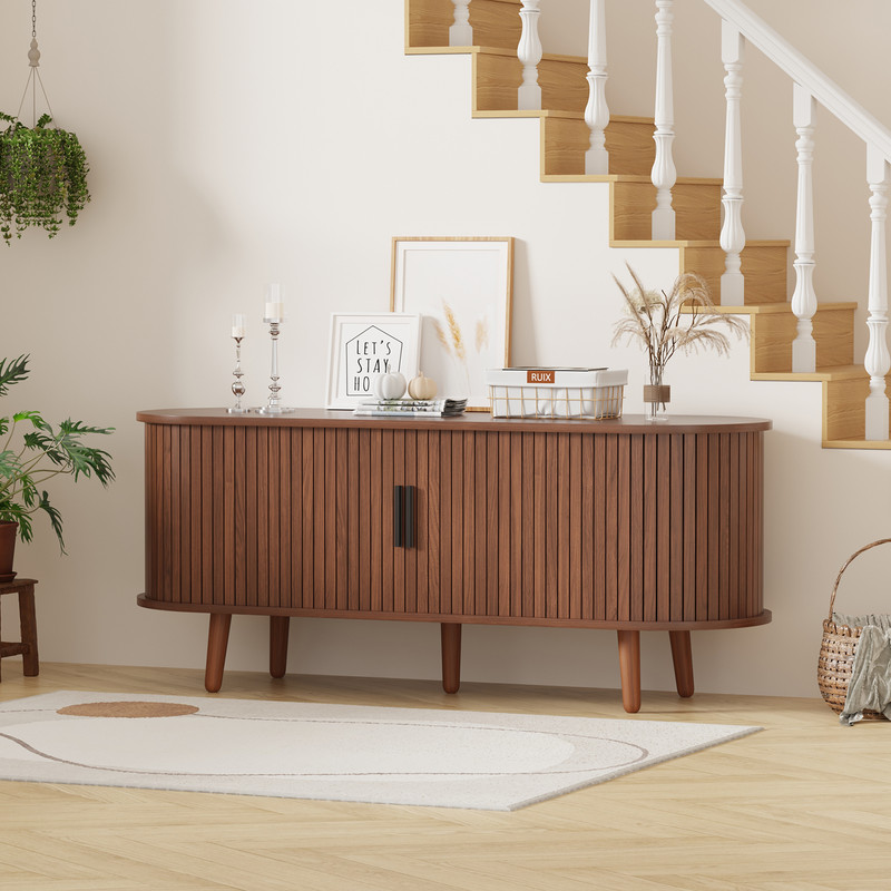 Mid-Century Modern TV Stand, Media Console with 4 Storage Compartments & Sliding Doors,Entertainment Center for TVs up to 65 Inch,Wood Adjustable Shelves for Living Room,Bedroom
