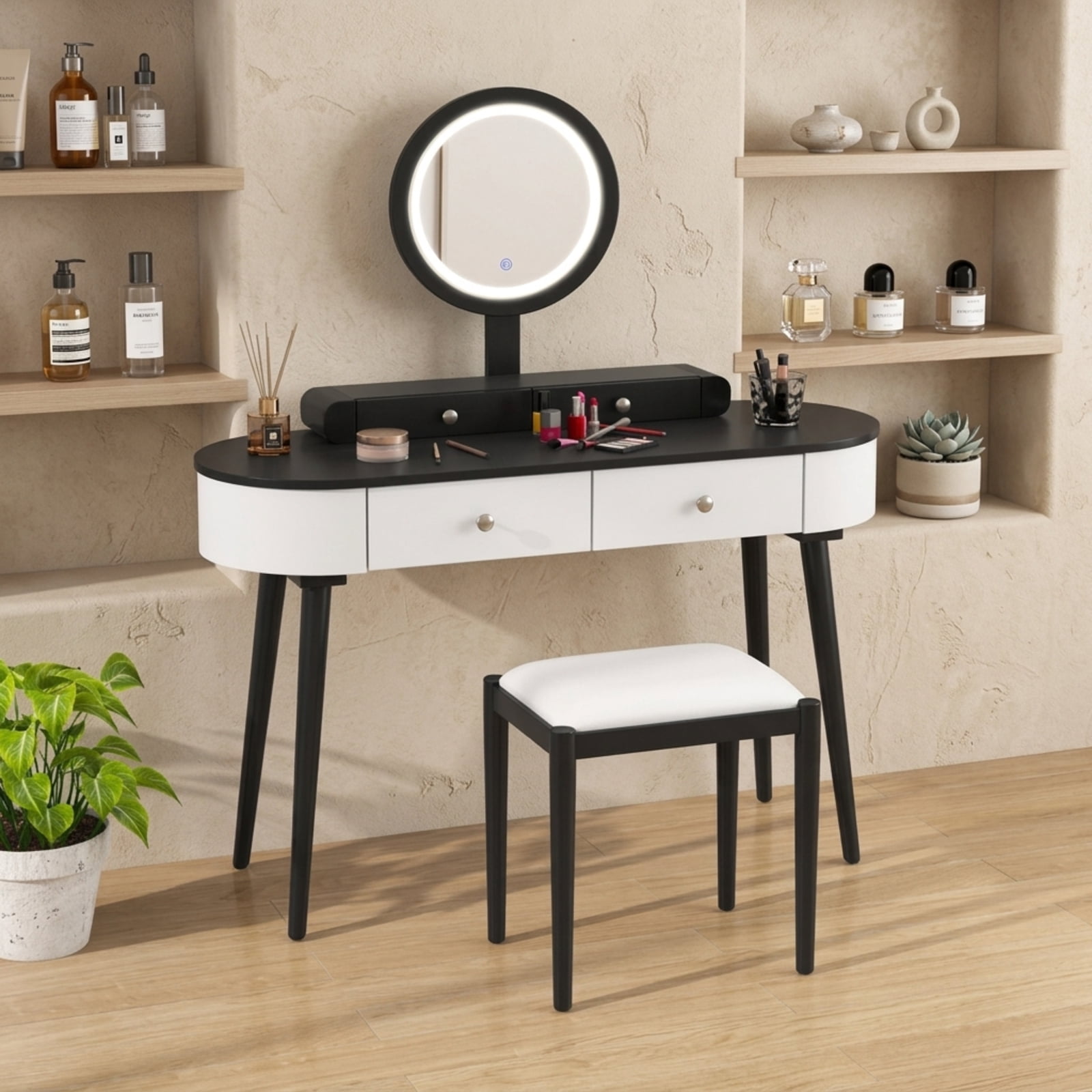 Furnibear Makeup Vanity Table Set with LED Mirror and 3 Spacious Drawers-White and Black for Bedroom Makeup Dressing Room Vanity Desk