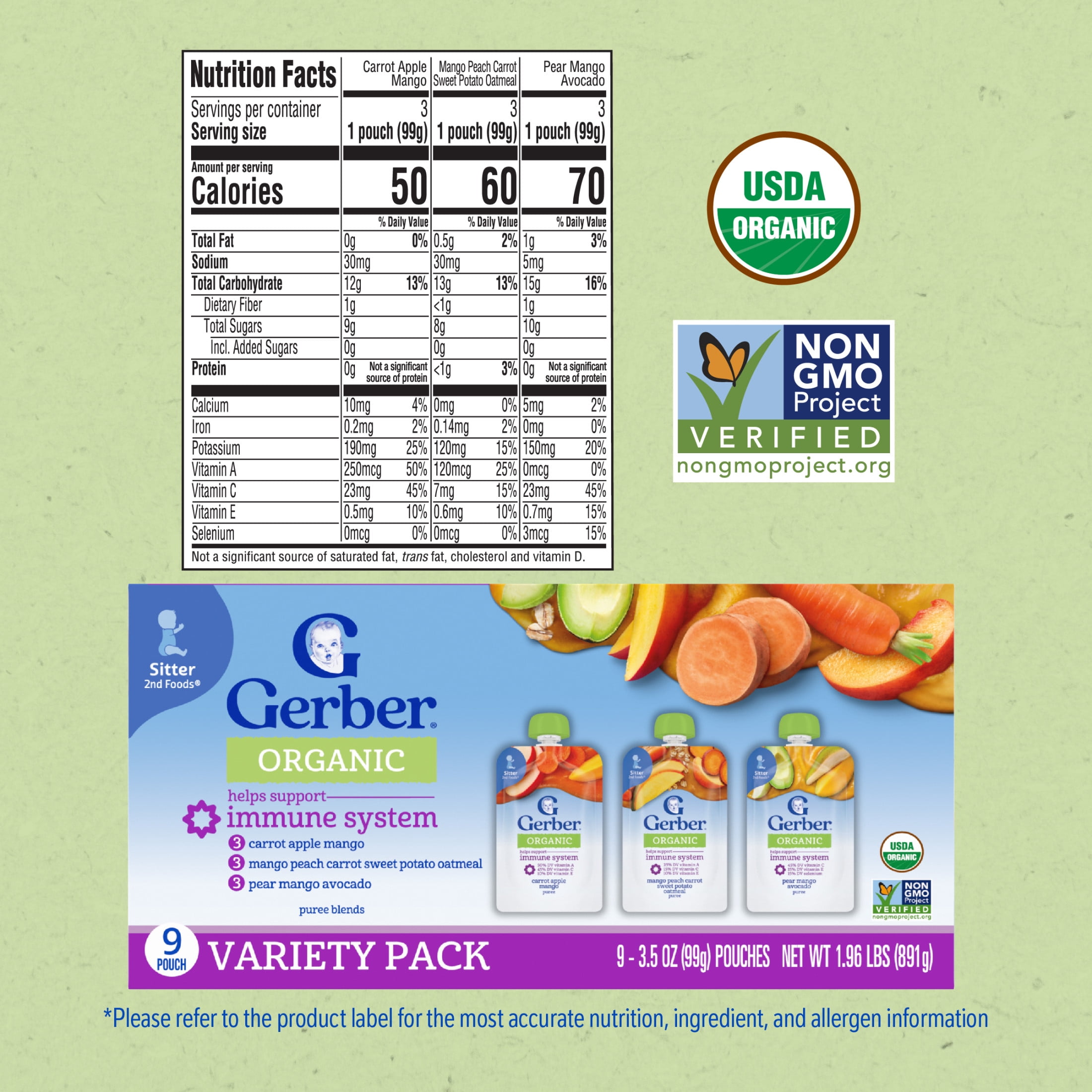 (2 pack) Gerber Organic Stage 2 Baby Food, Immune Builder Variety Pack Puree, 3.5 oz Pouches (9 Pack)