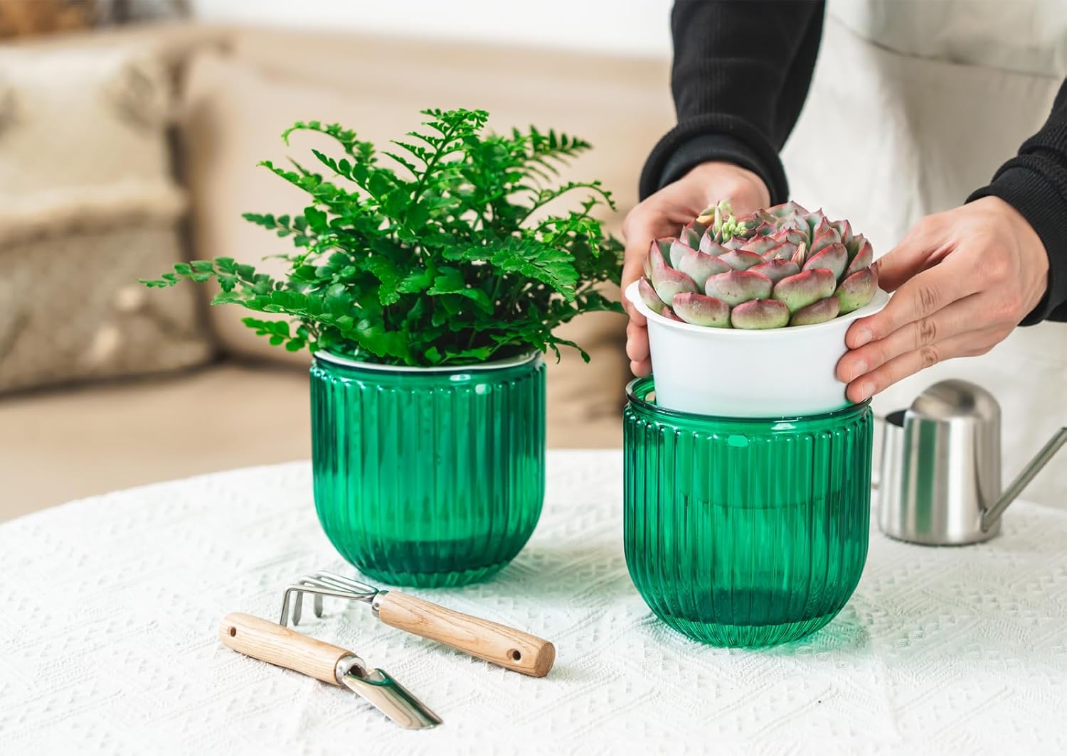 2 Pack Self Watering Hanging Planters Indoor Flower Pots, 5.3 Inch Outdoor Hanging Basket, Plant Hanger with 3Hooks Drainage Holes for Garden Home (Emerald)
