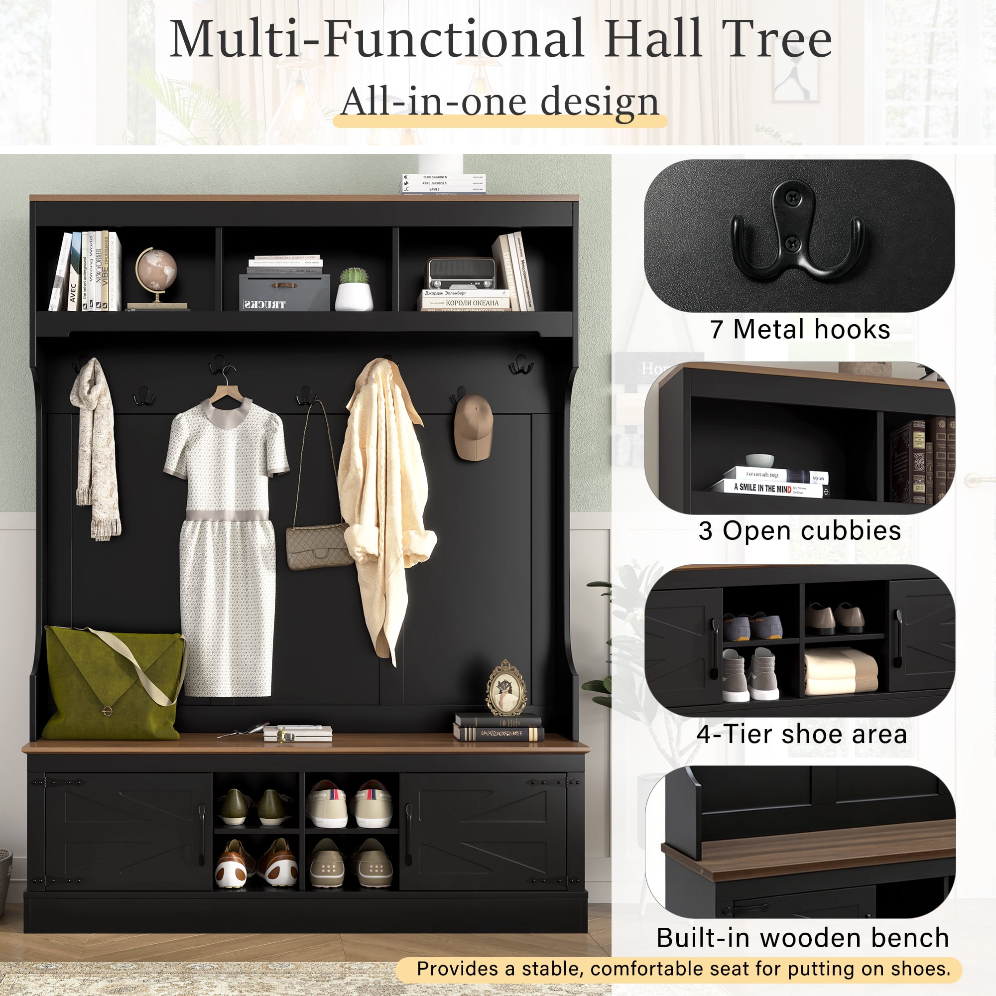 71''H Farmhouse Hall Tree with Shoe Storage Bench, 5-in-1 Entryway Storage Cabinet Organizer with Coat Rack for Hallway, Living Room
