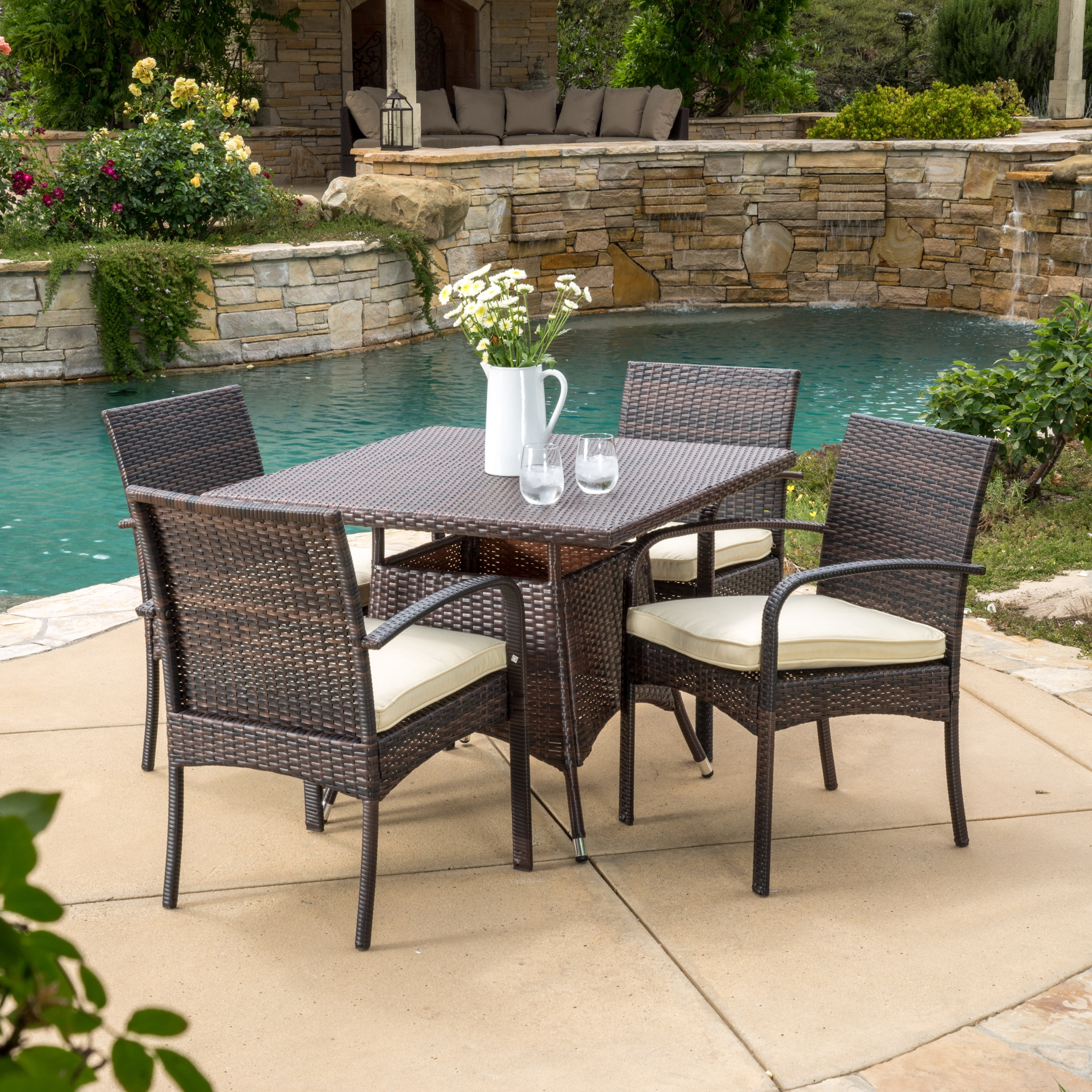 Rosario 5 Piece Outdoor Square Wicker Dining Set, Multibrown