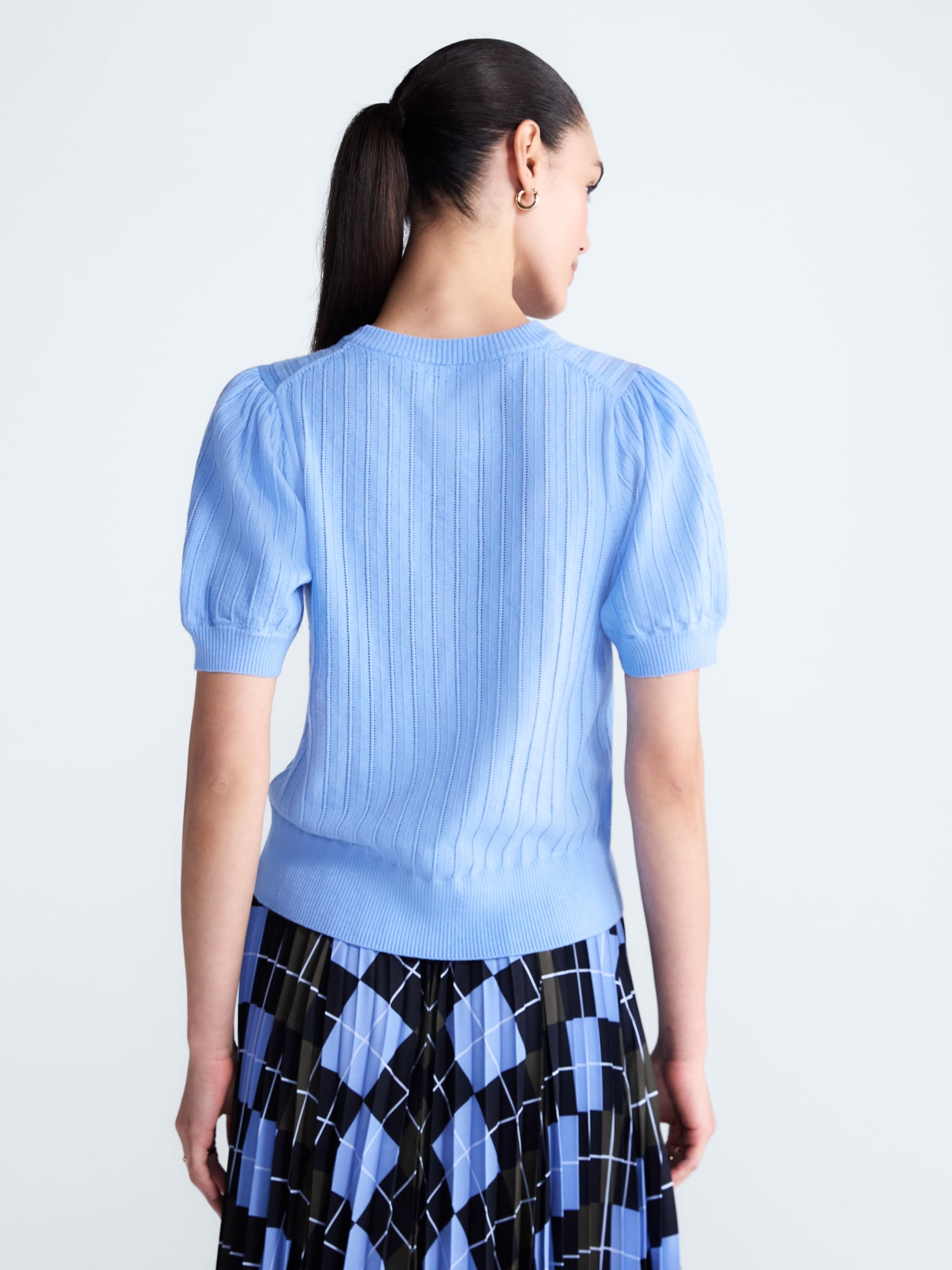 Free Assembly Women’s and Women's Plus Pointelle Sweater with Puff Sleeves, Sizes XS-4X