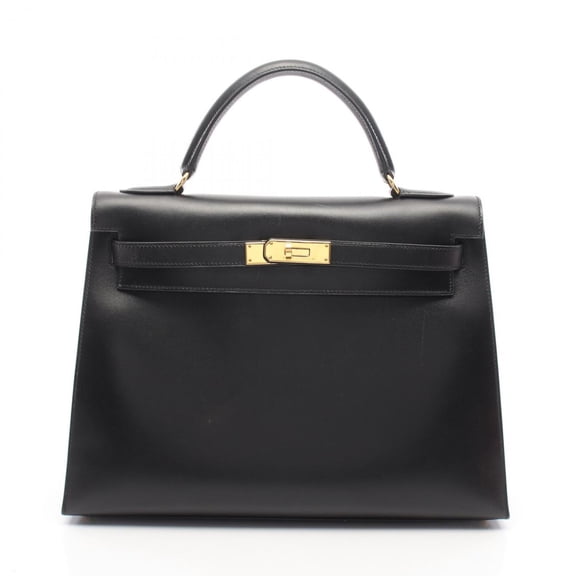 Pre-Owned Hermes Kelly 32 2-Way Handbag, Calfskin (Cowhide), Box Calf Leather, Black.