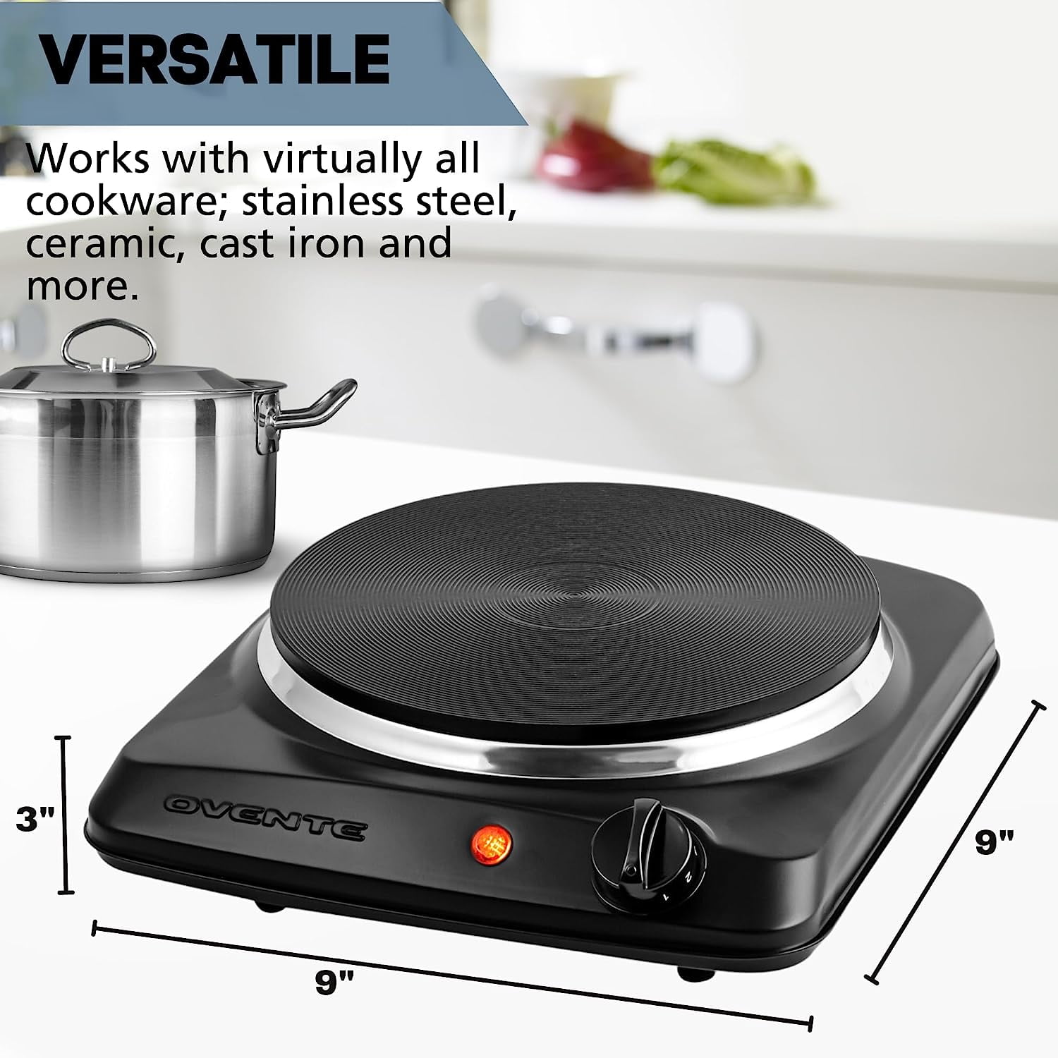 Ovente Electric Double Cast Iron Burner 7 Inch Plate with Temperature Knob  (BGS102B)