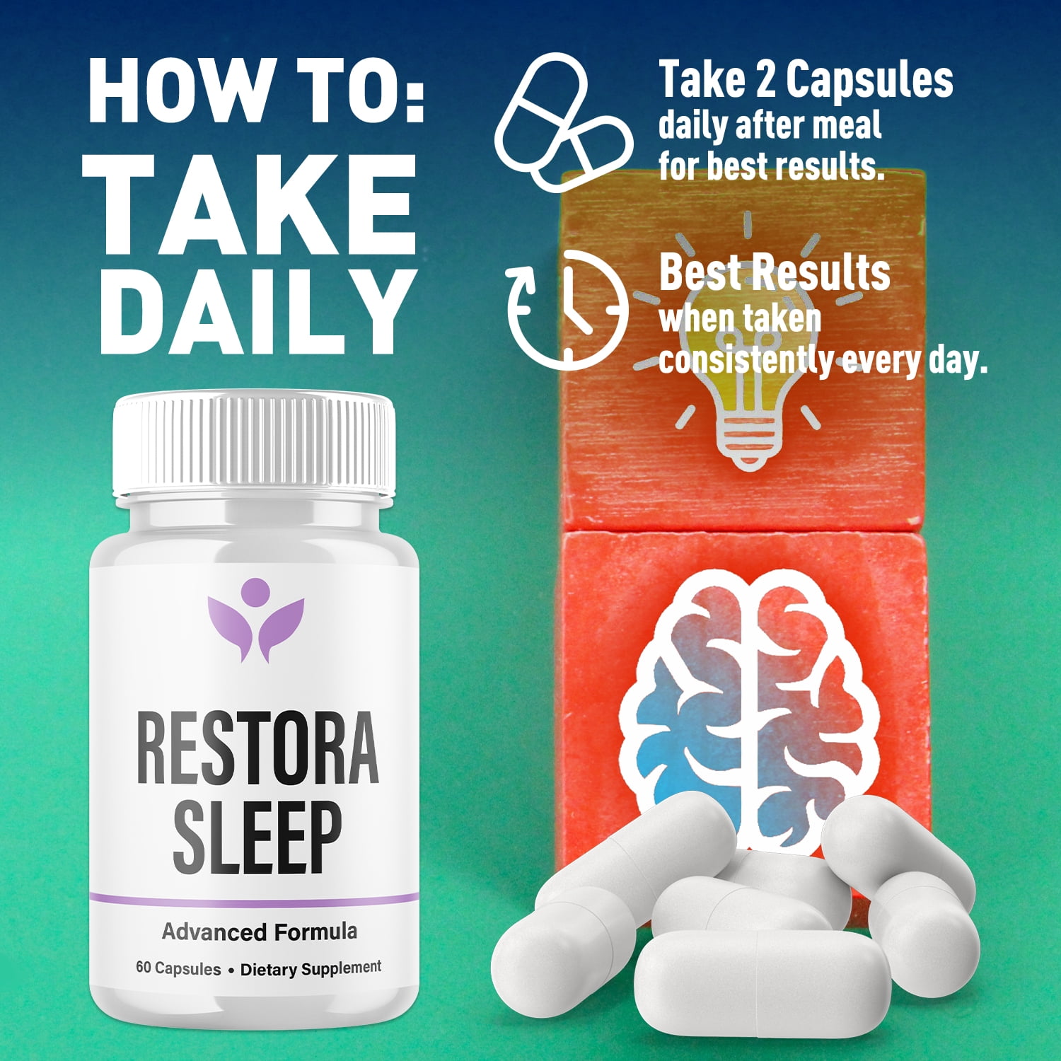Restora Sleep Advanced Formula Brain Support Pills Maximum Strength Supplement RestoraSleep 120 Capsules