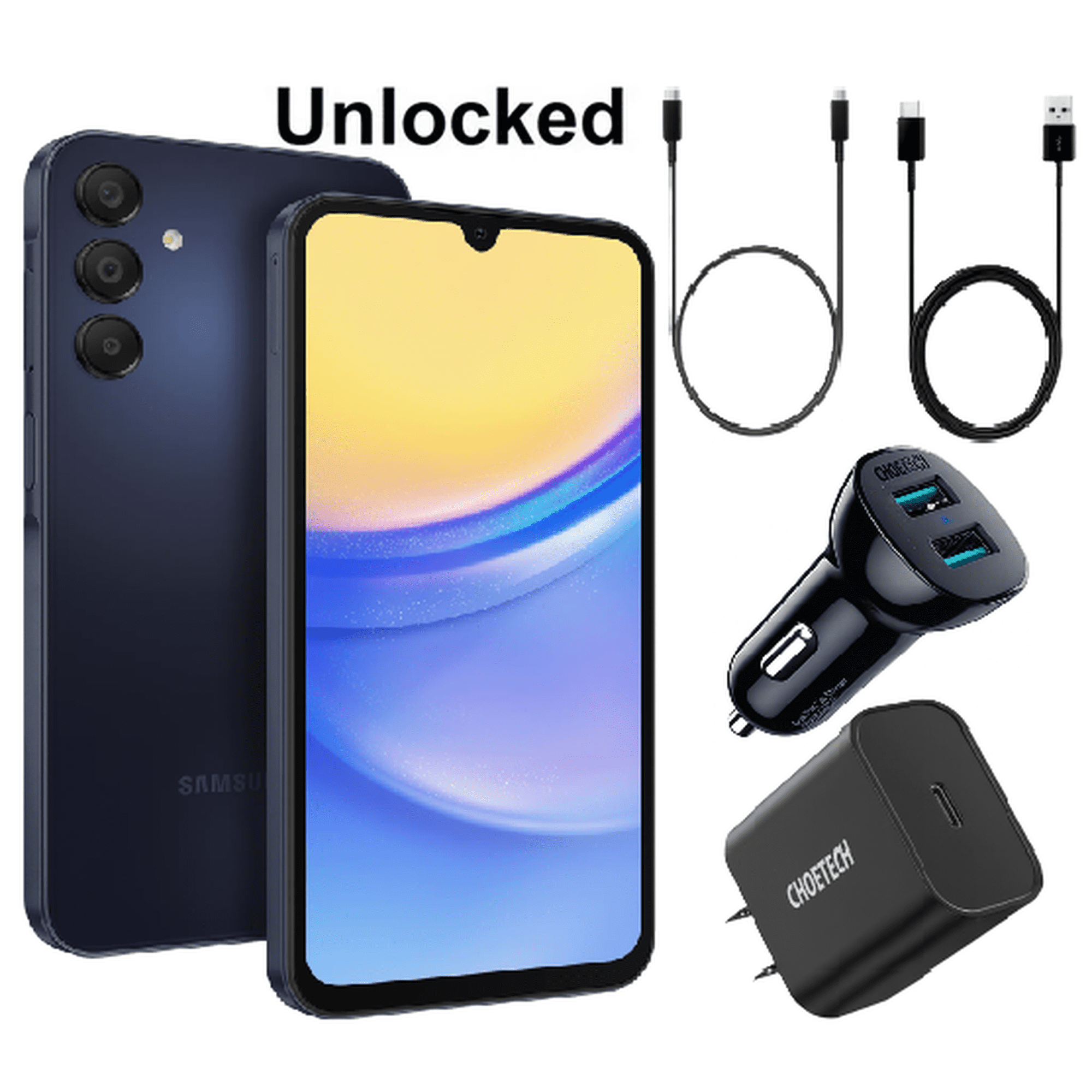 Samsung Galaxy A15 5G 128GB Factory Unlocked Android Smartphone (Blue Black, 4GB RAM) – 6.5" Super AMOLED 90Hz, 50MP Camera, 5000mAh – Brand New + Free USB-C Cables, Dual Car Charger & Charging Block