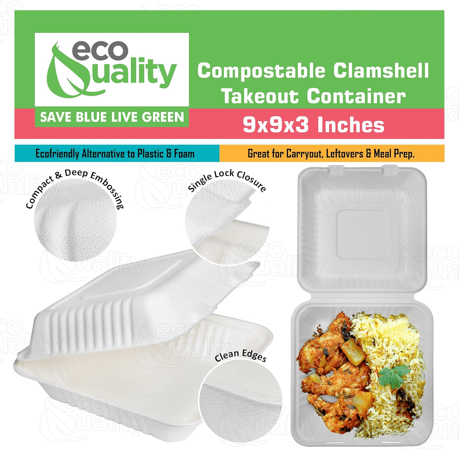 300 Count - Biodegradable 9x9 Take Out Food Containers with