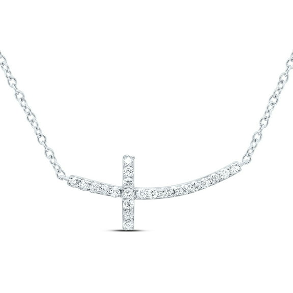 10K White Gold Genuine Diamond Womens Curved Sideways Cross 18" Necklace 1/10 CT
