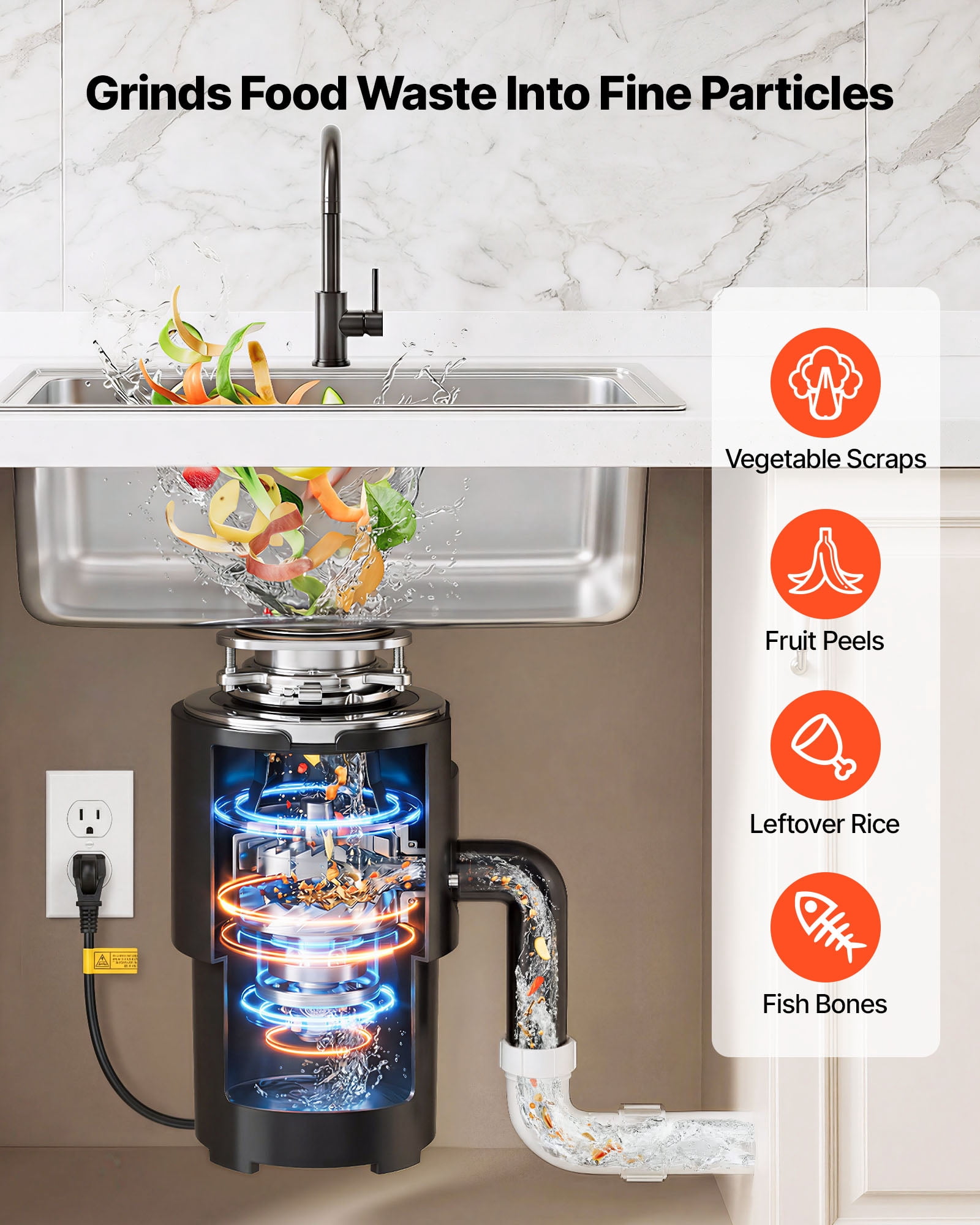 VEVOR Food Waste Garbage Disposal, 3/4HP 1500RPM AC Motor, Continuous Feed Kitchen Sink Garbage Disposer, 3-Bolt Mount Food Waste Grinding System with Splash Guard & Power Cord for Kitchens
