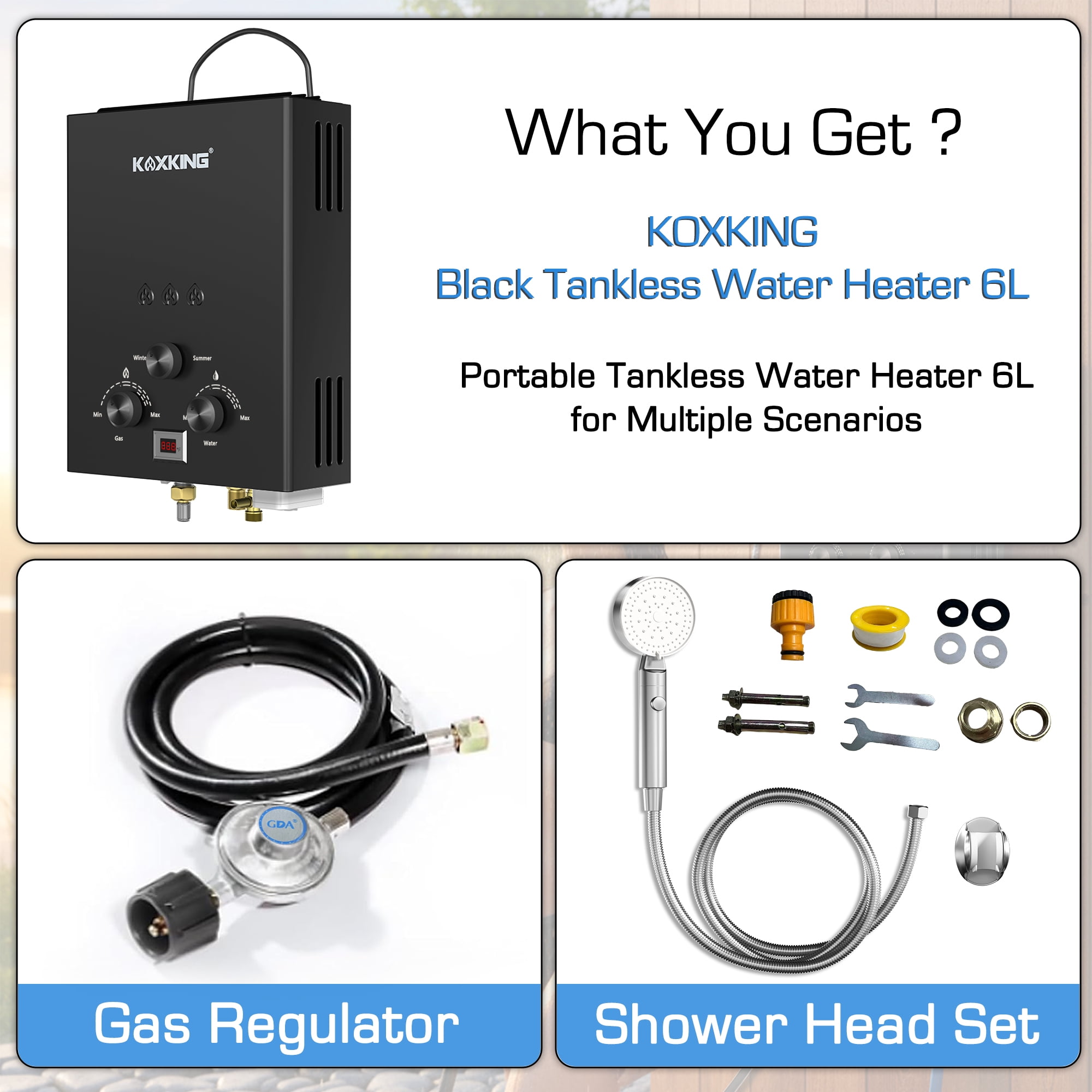 KOXKING 1.58 GPM Portable Propane Hot Tankless Water Heater 6L,With Handle & Overheating Protection, Outdoor Instant Hot Shower for Camping & RV