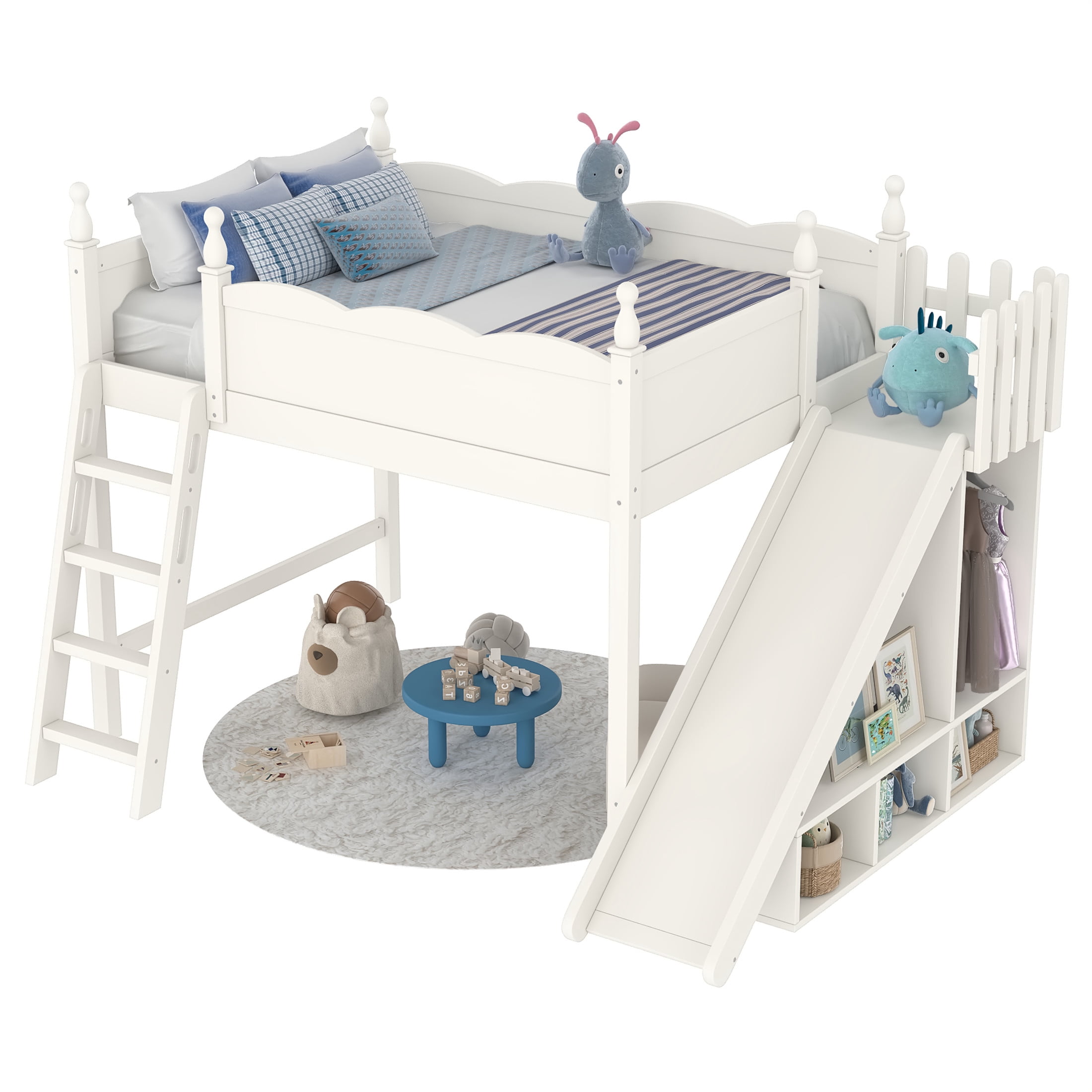 Noble House Full Loft Bed with Storage Shelves, Detachable Slide and Ladder, Beige