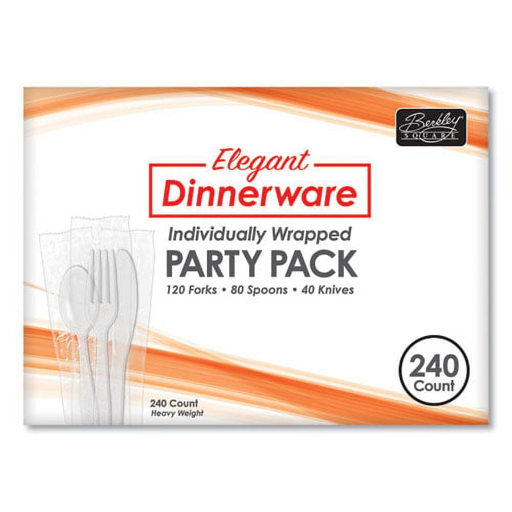 Elegant Dinnerware Heavyweight Cutlery Assortment, Individually Wrapped, 120 Forks/80 Spoons/40 Knives, White, 240/Box Elegant Dinnerware Heavyweight Cutlery Assortment, Individually Wrapped, 120 Forks/80 Spoons/40 Knives, White, 240/Box