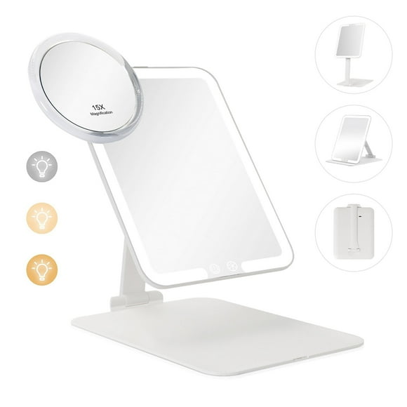 Travel Makeup Mirror with Lights, Travel Folding Makeup Mirror, LED Dimmable Vanity Mirror with Small 15x Magnification Pocket Mirror Vanity Mirror with Lights