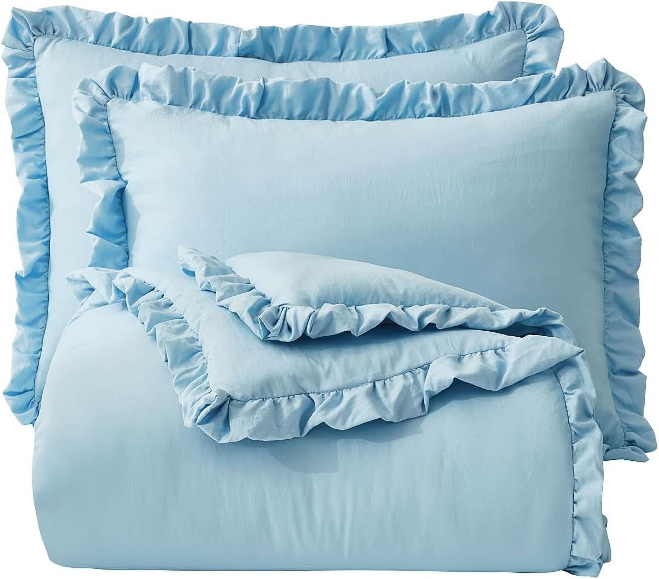 Chezmoi Collection Nora 3-Piece Chambray Blue Ruffled Edge Trim Microfiber Comforter Set, Queen Size