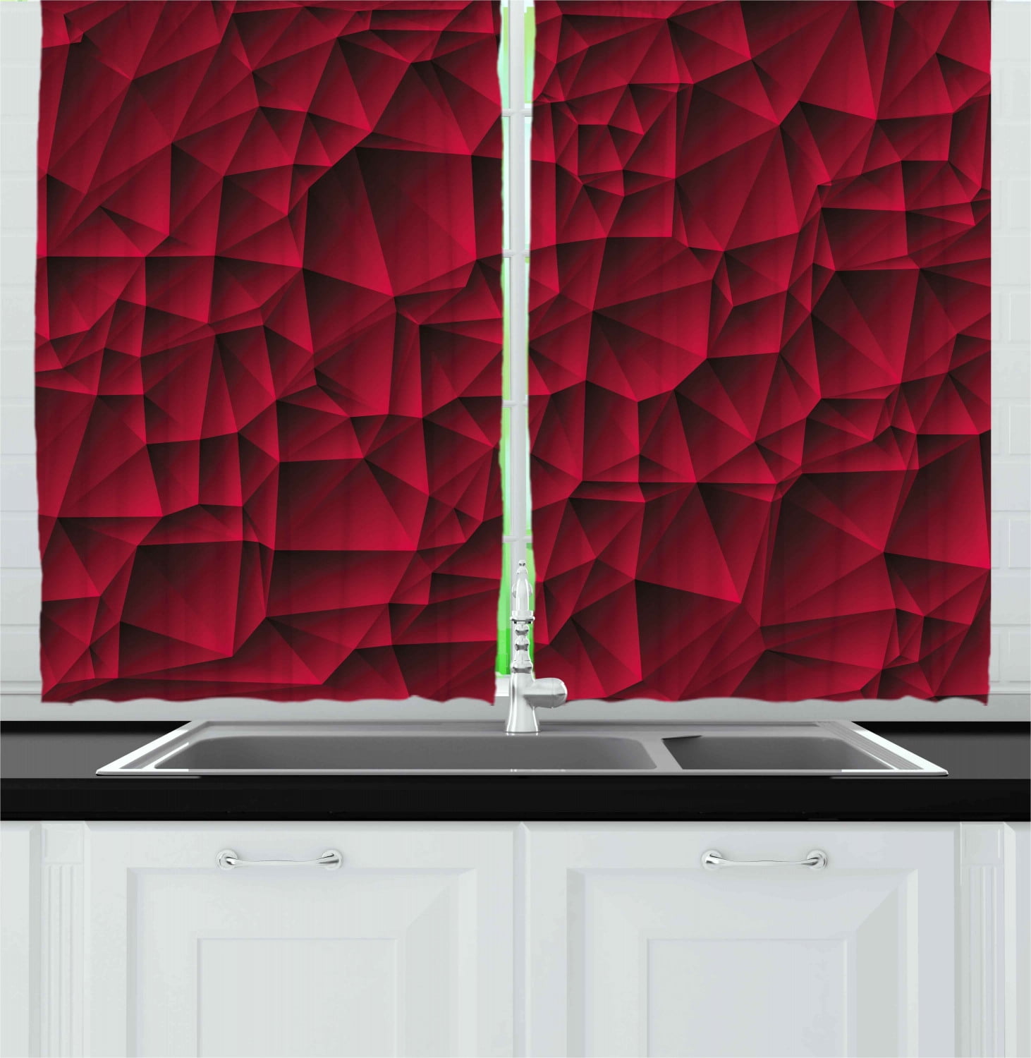 Maroon Curtains 2 Panels Set, Modern Geometric Contemporary Art Wave Like Shapes with Abstract Backdrop Image Print, Window Drapes for Living Room Bedroom, 55W X 39L Inches, Maroon, by Ambesonne