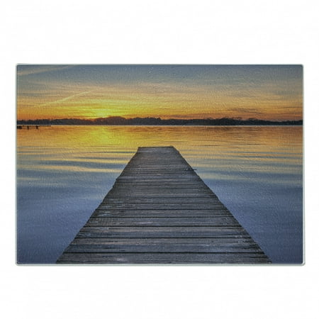 

Lake Cutting Board Summer Sunset over Serene Water of Lake Paterwoldsemeer with Wooden Jetty Decorative Tempered Glass Cutting and Serving Board Small Size Orange Blue Grey Umber by Ambesonne