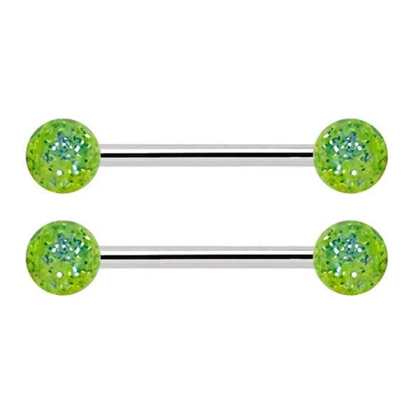 14G Surgical Steel or Titanuim Nipple Ring UV Acrylic Green Glitter Balls Nipple Barbell 9/16" 14mm - Sold as Pair