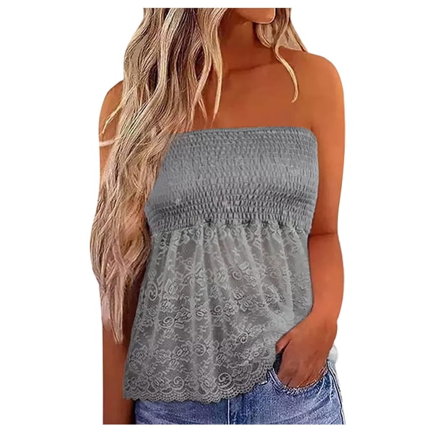 ICHUANYI Clearance Women's Summer Casual Temperament Comfortable Lace Panel Wrap Tank Top(Gray, M) ICHUANYI WER2023080800778