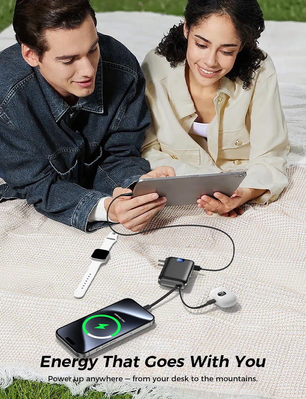Portable Charger with Wall Plug,Power Bank 10000mAh 22.5W Fast Charging, 4 Outputs Slim Battery Pack with LED Display, Built in Cables All in One Travel Charger for iPhone 17/16/15/14 ,Classic Black