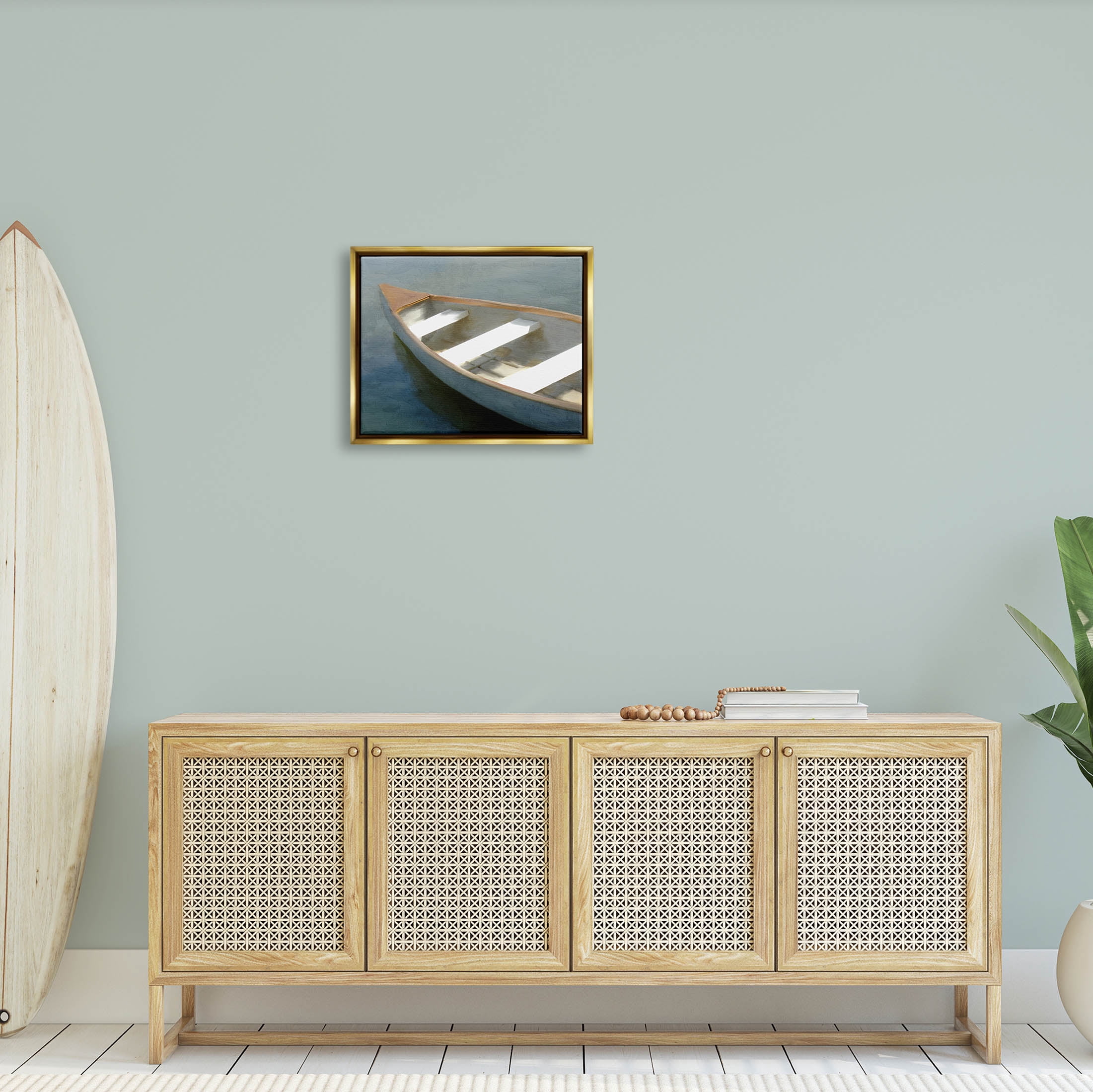Stupell Industries Lone Canoe Boat Floating Deep Lake Painting Metallic Gold Floating Framed Canvas Print Wall Art, Design by Kim Allen