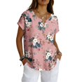 thumbnail image 3 of Vintage Floral V-Neck Tunic Tops for Women - Short Sleeve Button Detail Casual Blouse, Loose Fit Cotton-Linen Look Pullover Shirt for Summer & Vacation Pink L, 3 of 6