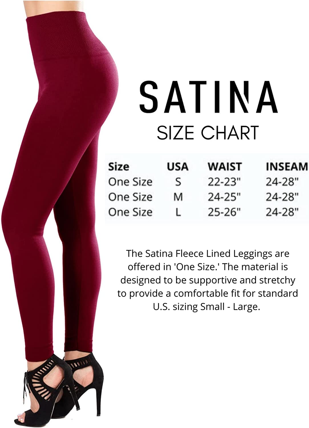 Satina Fleece Lined Leggings High Waist Compression Slimming Warm Opaque Tights (One Size, Burgundy) - image 2 of 6