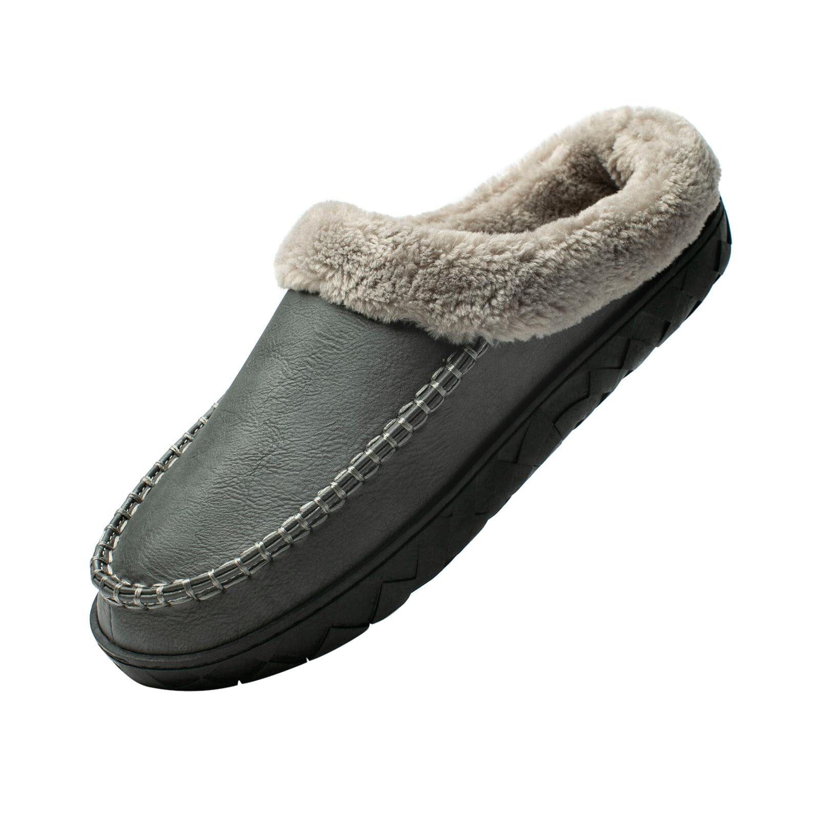 Needbo Men's Moccasin Slippers Faux Leather Fuzzy Lined House Shoes ...