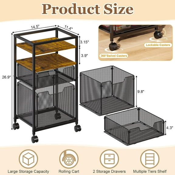 4 Tier Laundry Room Cart with Pull-Out Baskets, Rolling Storage Utility Cart on Wheels Metal for Bathroom Laundry Room Organization and Storage, Rustic Brown