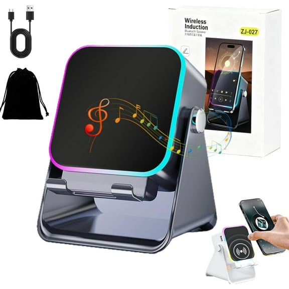 Wireless Induction Audio Speaker Stand, 5-in-1 Wireless Induction Bluetooth Speaker with Adjustable Phone Stand, Stereo Sound, 7 RGB Ambient Light, 360° Adjustable Holder for iPhone/Android (Black)