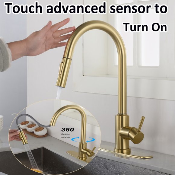 Modern Touchless Kitchen Spring Faucet with Pull-Out Spray Head, High-arc Single Handle Sink Water Mixer Tap with Pull Down Sprayer 360 Degree Swivels (with Faucet Plate) Gold,Stainless Steel