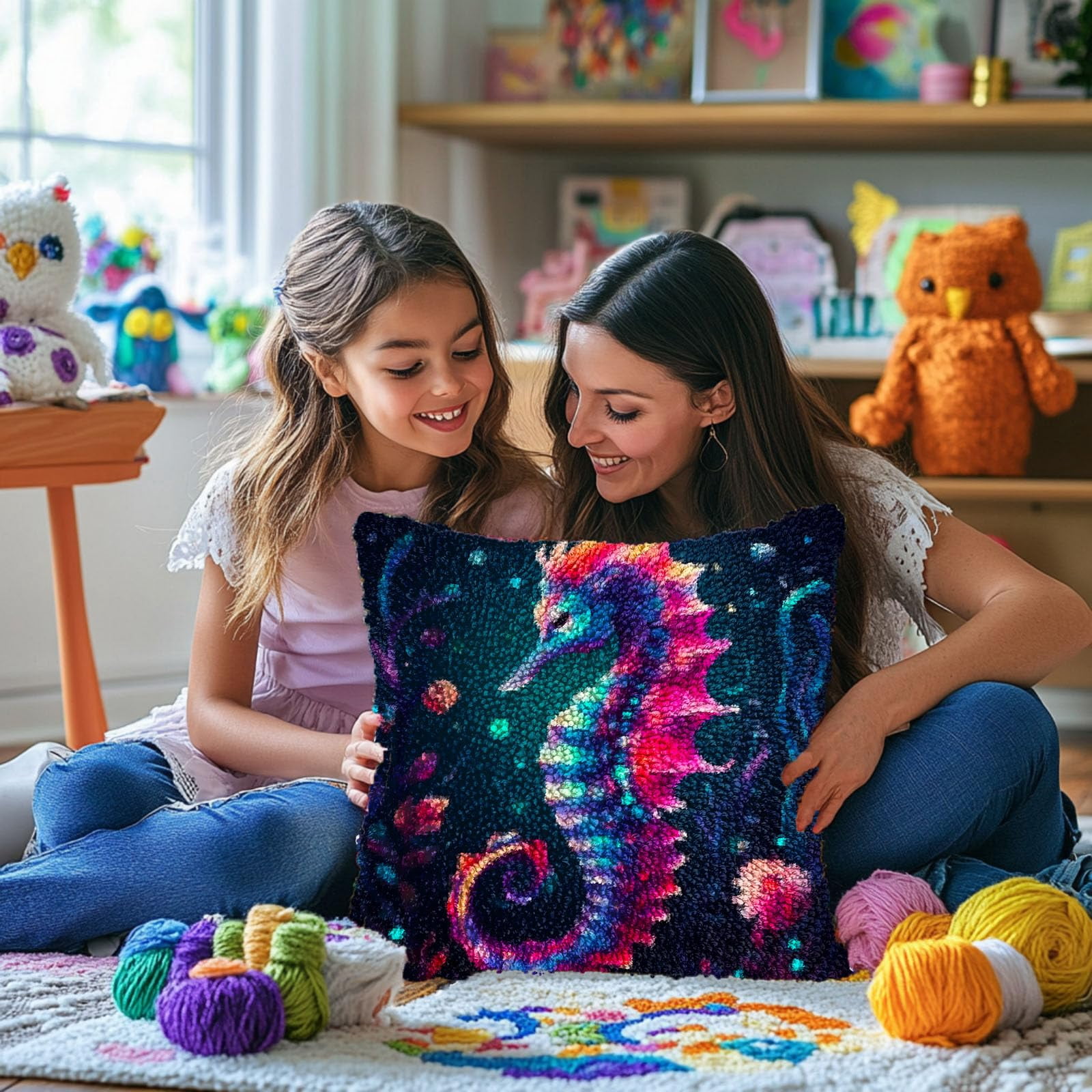Colorful Seahorse in Sea DIY Latch Hook Pillow Kits for Adults Printed Pillowcase Crochet Yarns Hooking Handmade Pillow Cover Cushion for Home Sofa Decoration 17x17inch