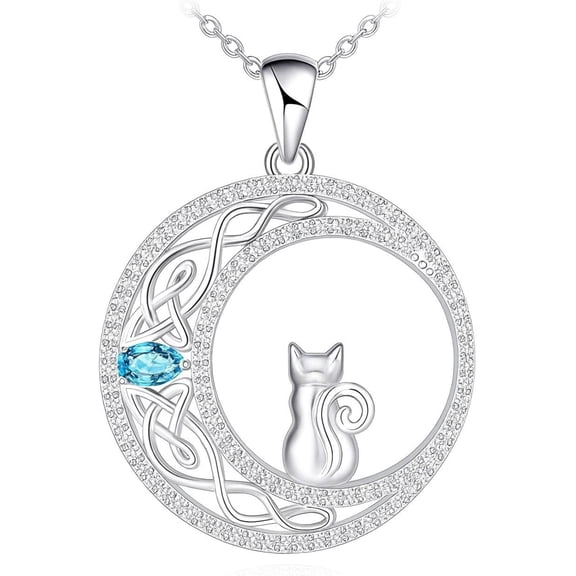SUPAC Cat Moon Crescent Pendant Necklace - Blue Crystal