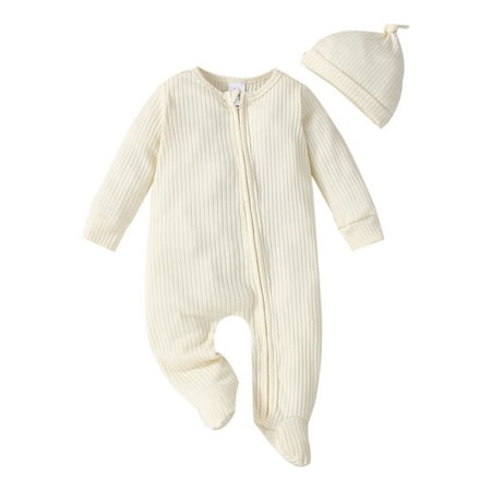 

Baby Toddler Boys Girls Solid Color Ribbed Romper Jumpsuit With Hat Set 2PCS Baby Clothing