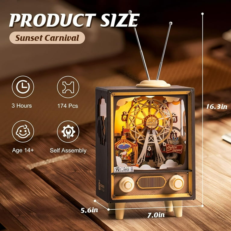 ROBOTIME Sunset Carnival 3D Wooden Puzzle Music Box,DIY Tiny House