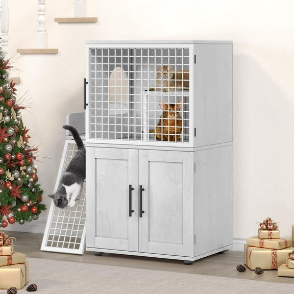 FOLDLIFE Villa Cat Litter Box with Ladder,Double Cat Litter Box Furniture with Side Door,Hidden Cat Litter Box Enclosure with Entertaining Platform,Antique White