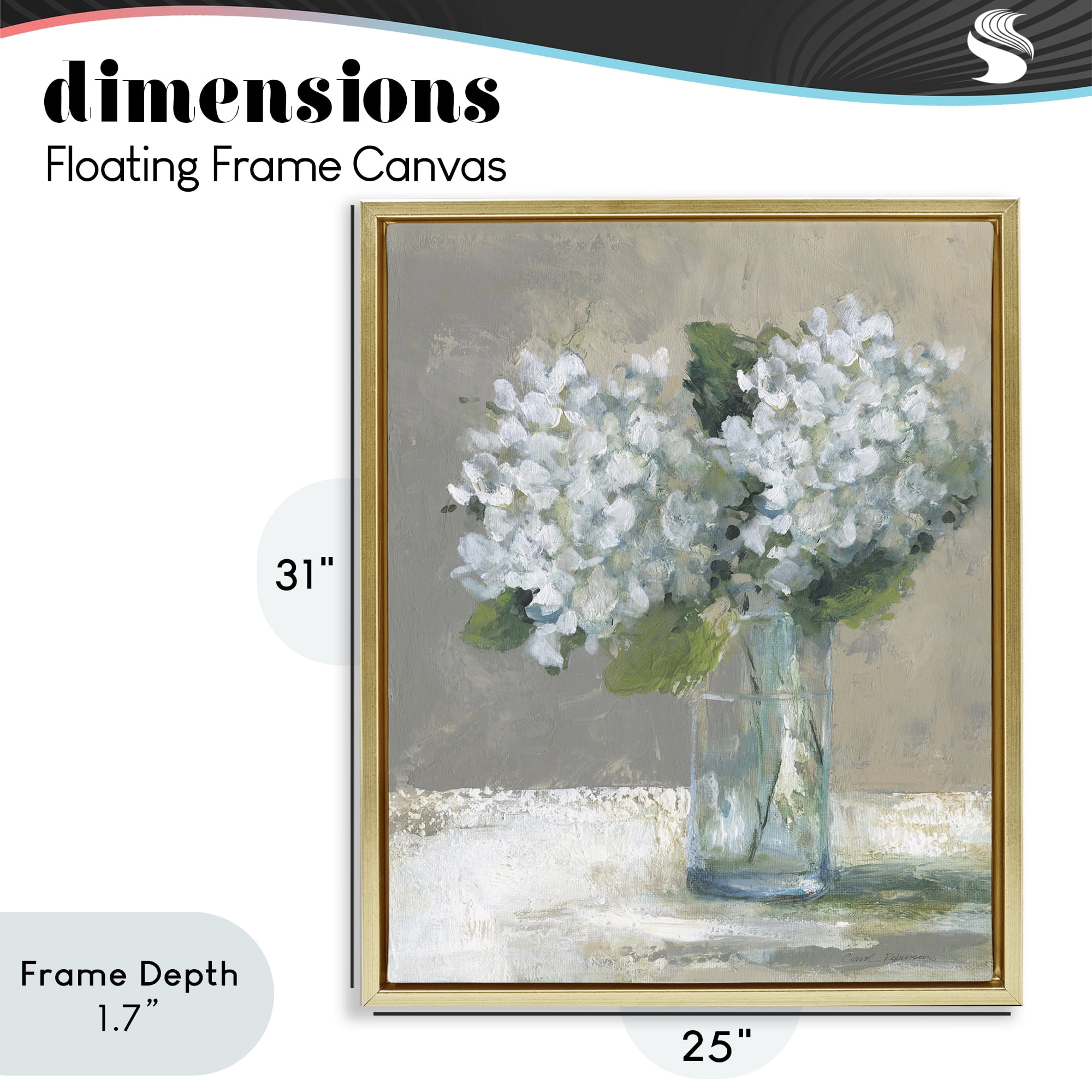 Stupell Industries White Hydrangeas Glass Vase Gold Framed Floater Canvas Wall Art, design by Carol Robinson