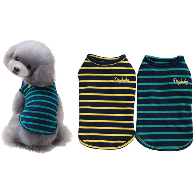 Conjunto de 2 camisetas de algodón a rayas para perros, ropa para mascotas, camisetas para cachorros, camisetas sin mangas para gatos, transpirables y elásticas para perros o gatos muy pequeños (S)