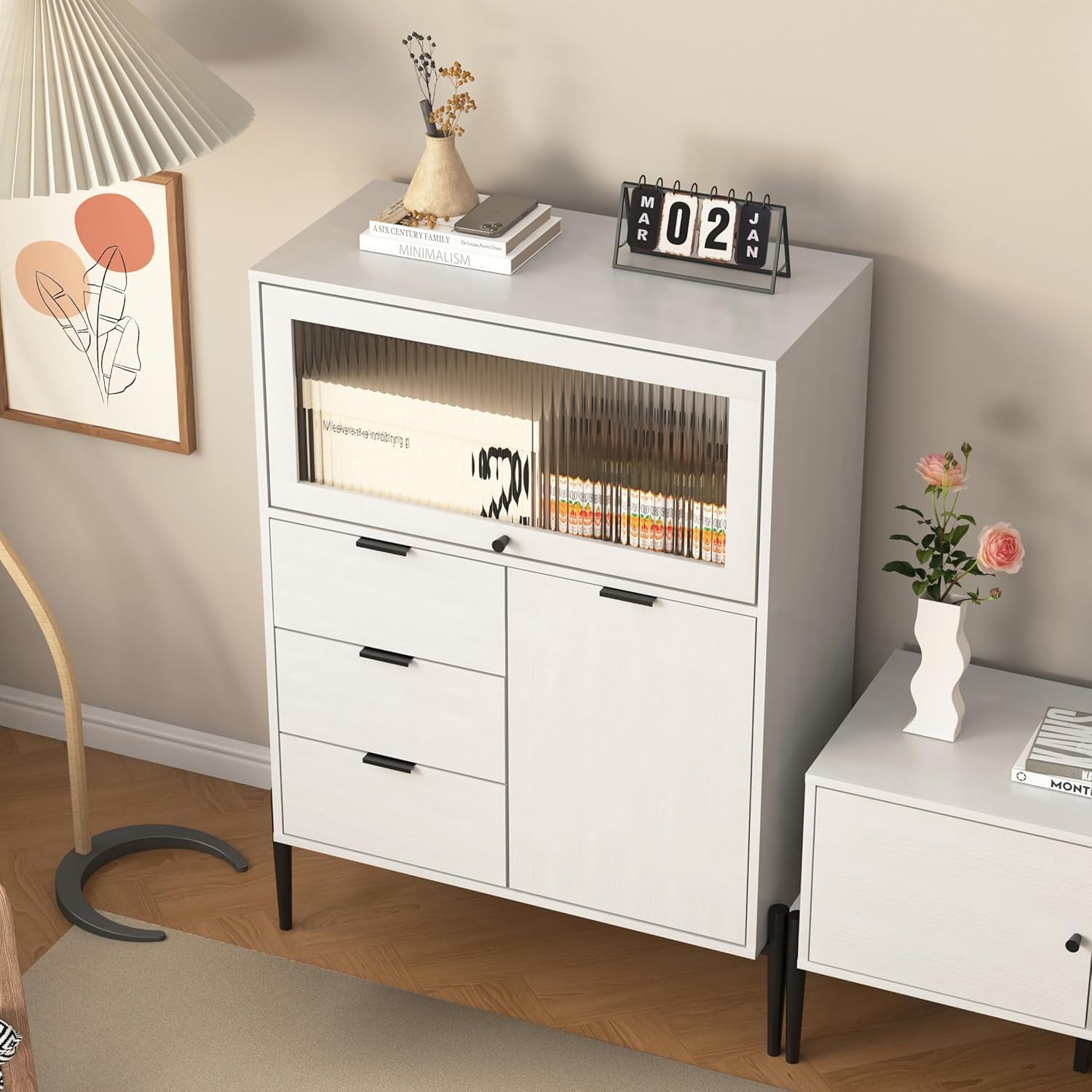 EXRACING Modern Sideboard Cabinet with 3 Drawers, 1 Solid Door & 1 Glass Door, Storage Buffet for Kitchen, Dining Room, Hallway, 33.46" W