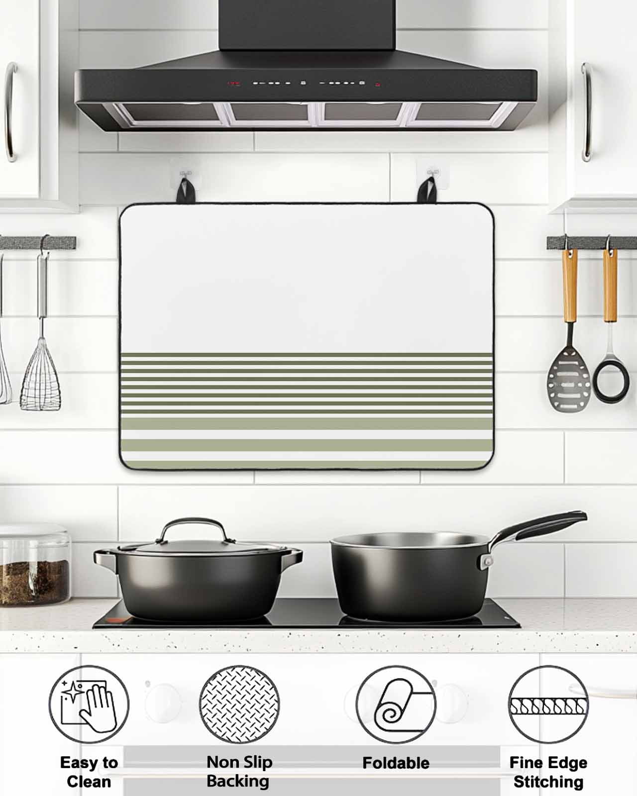 Stove Top Covers for Electric Stove, Sage Green Striped Glass Stovetop Cover Protector, Modern Farmhouse Stripes Induction Cooktop Protector Oven Mat for Kitchen Countertop 24"x21"