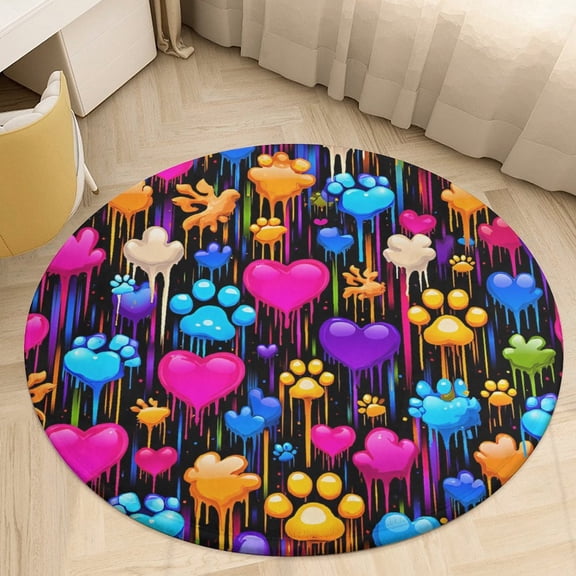 Colorful Paw Prints Round Area Rugs for Bedroom Living Room, 3FT Soft Indoor Circle Carpets, Carpet Home Decor Floor Mat